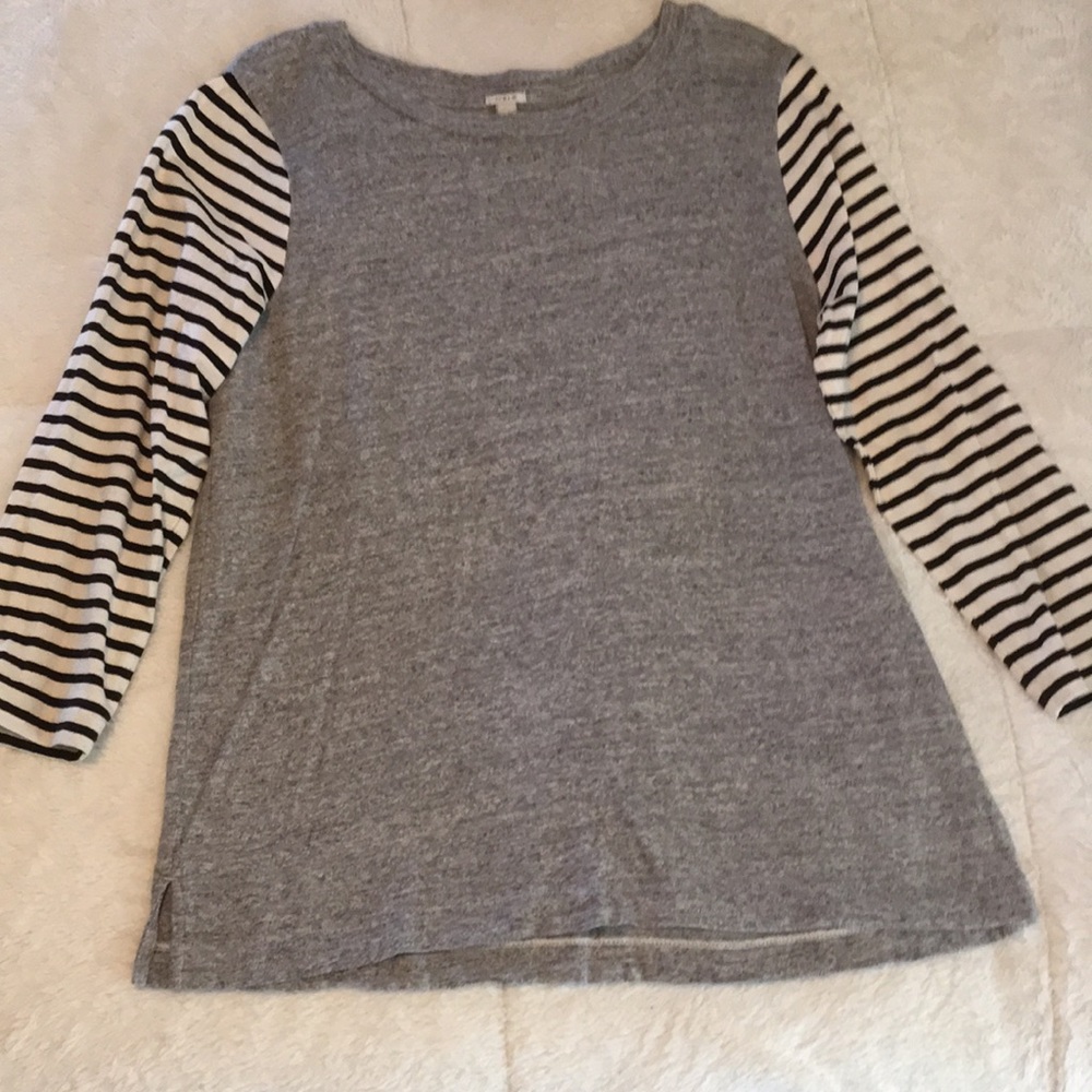 J Crew heather gray tee with black/white stripe sleeve - Picture 2 of 9